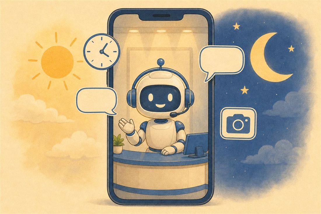 スマホの中で24時間受付するAIのイラスト